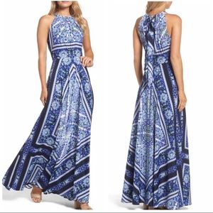 ELIZA J Blue Scarf Print Halter Maxi Dress Sz 8
